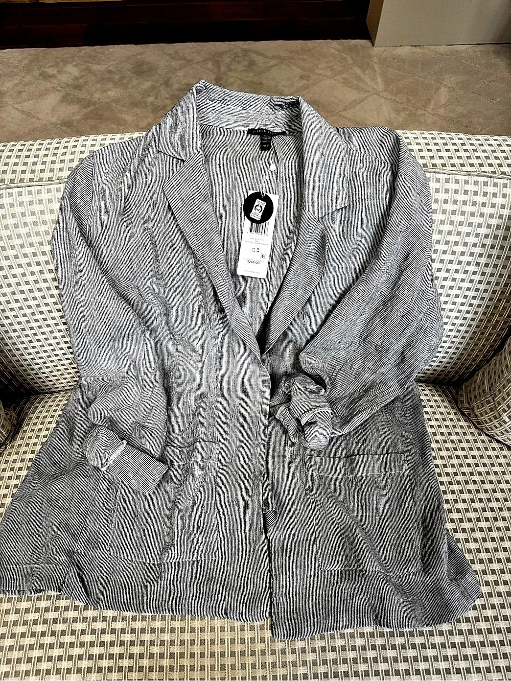EILEEN FISHER Notch Collar Blazer in Organic Linen Stripe Organic Linen Stripe